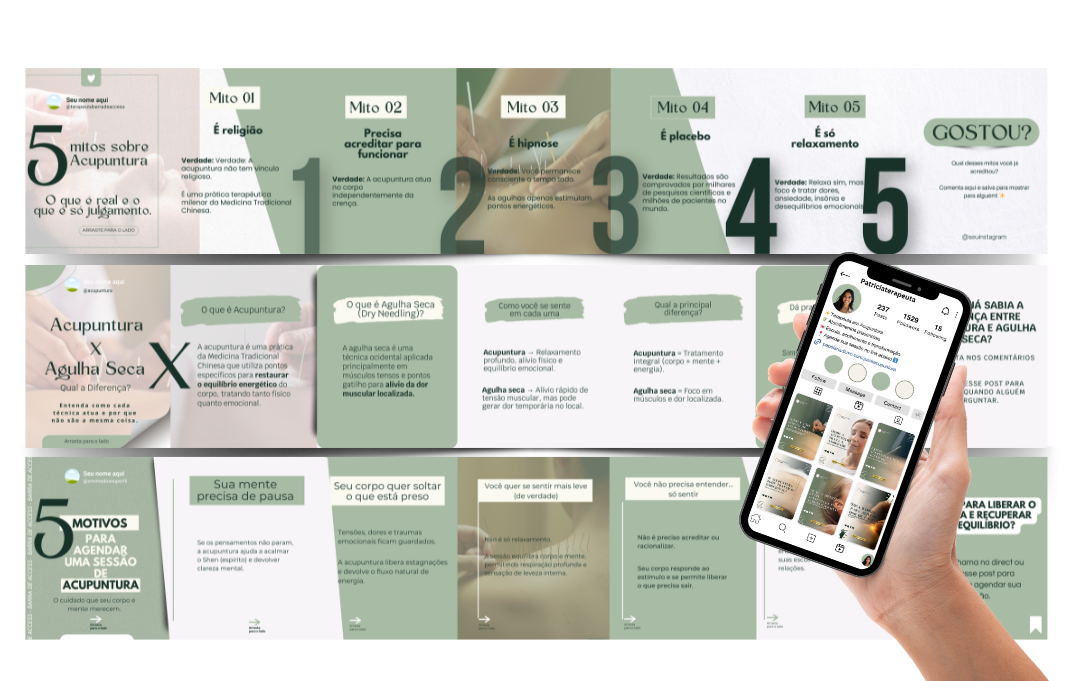 ✨ Transforme seu Instagram em uma vitrine profissional de acupuntura! Este PACK exclusivo reúne 120 posts prontos, com dicas, inspirações, práticas diárias, rituais de autocuidado, frases, caixinhas interativas e conteúdos educativos que aumentam seu engajamento e posicionam você como referência. 🌿💜